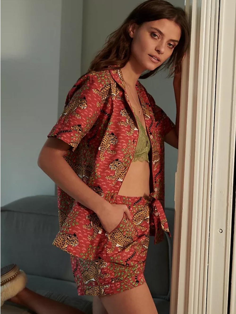 Printfresh Bagheera Leopard Pajama Set M Red Cotton Short Sleeve 2 Piece Cozy